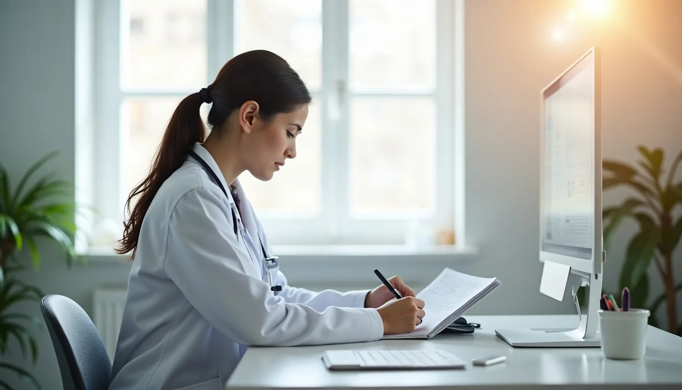 Médico de espaldas trabajando en su mesa en una consulta luminosa