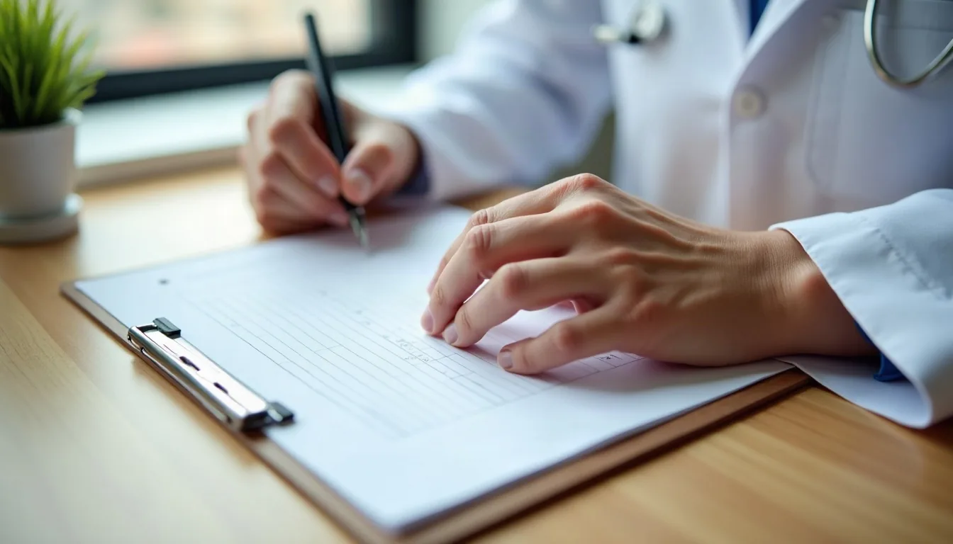 Manos de un médico sobre un formulario en blanco en su mesa de trabajo